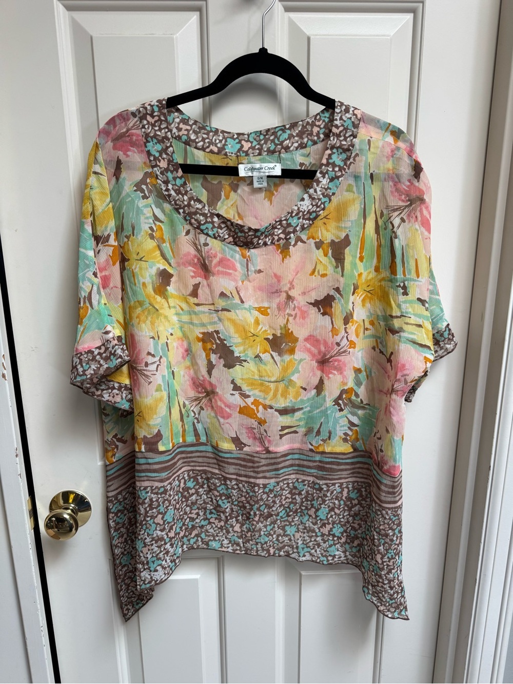 Coldwater Creek Pastel Floral Scoop Neck Silk Blouse